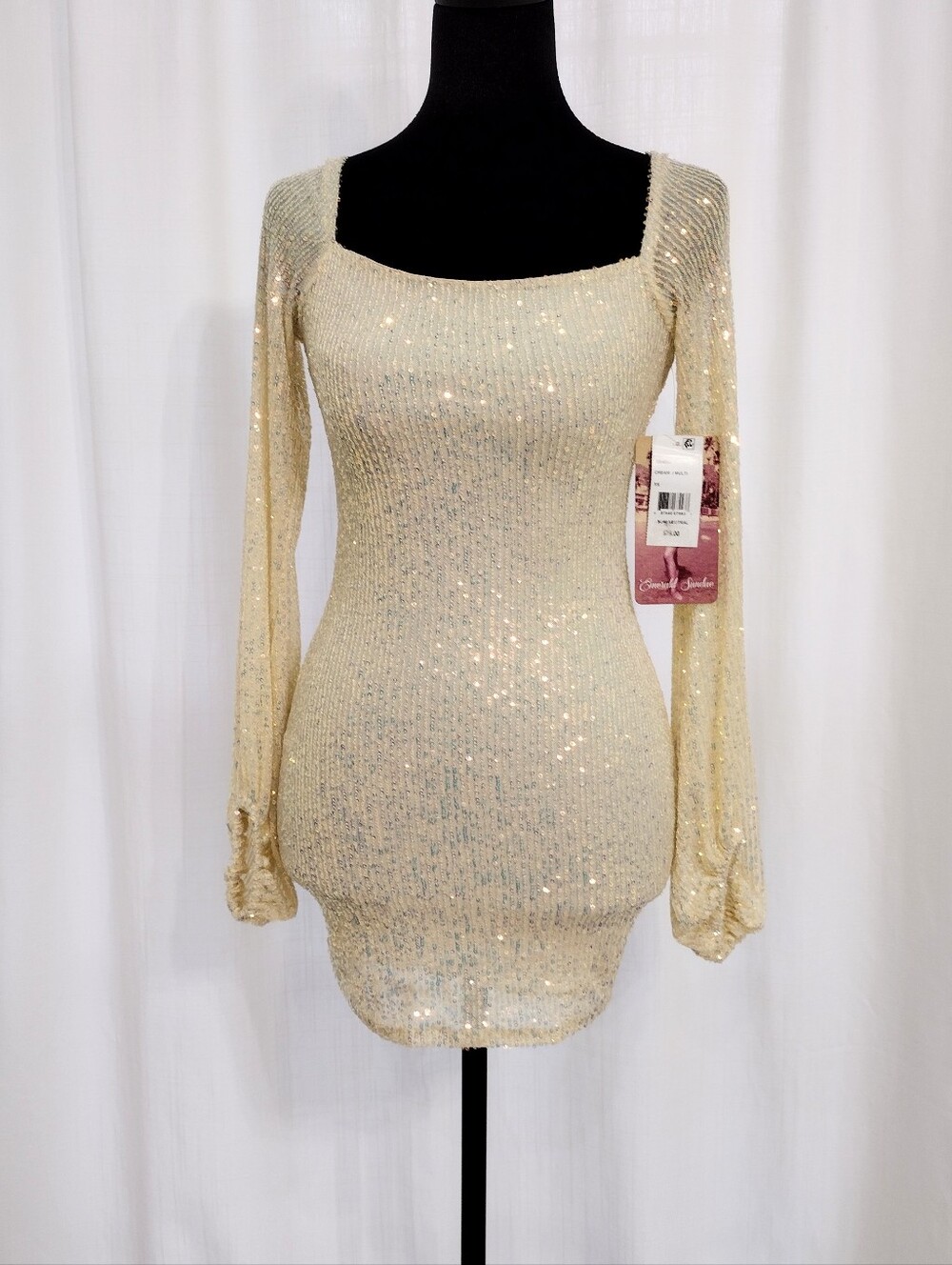 Emerald Sundae S XS Sequin Long Sleeve Square Neck Mini Dress - Cream